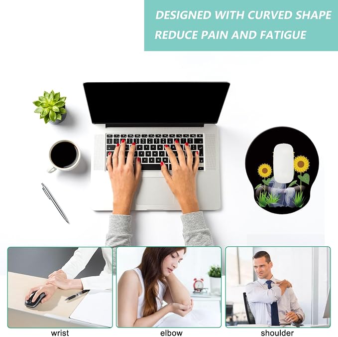 Mouse Pad with Wrist Support, Ergonomic Mouse Pad with Memory Foam Wrist Rest Cushion, Non-Slip Rubber Base Gaming Mice Pad for Home Office Computer Laptop, Sunflower