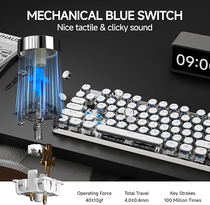 EWEADN TK950 Typewriter Mechanical Keyboard and Mouse, 104 Keys Aesthetic Typewriter Keyboard Mouse Combo with Blue Backlit, Anti-Ghosting, Blue Switch Bluetooth/2.4GHz/Wired Cute Keyboards-White