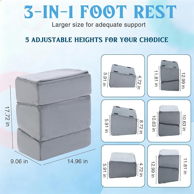 Novabright Foot Rest Under Desk, 3 Height Adjustable Ergonomic Foot Stool with Gel Textured Top and Cozy Pocket, Non-Slip Foam Footrest for Office Home Car(15" X 9" X 17.7",Parallel,Gray)