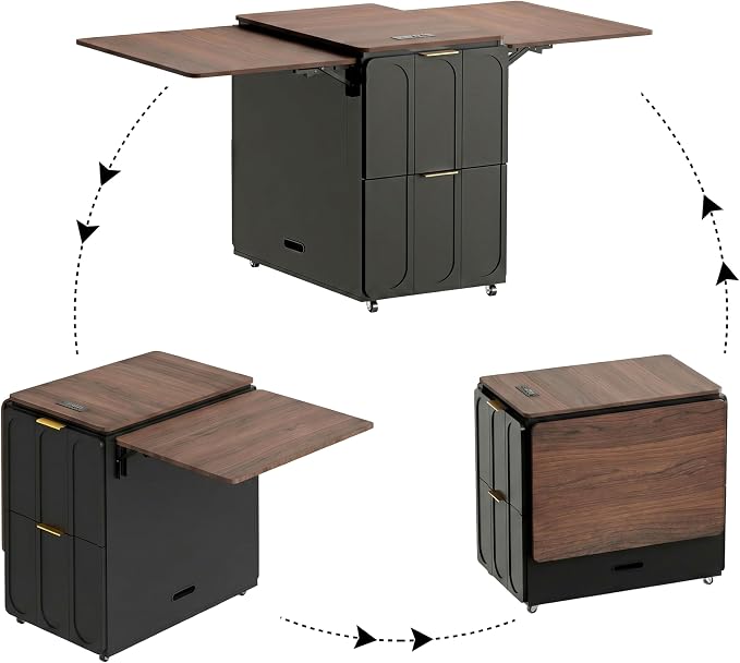 ModernMate 3-in-1 Folding Desk & File Cabinet, Fluted Multi-Storage Workspace with 4 Drawers, Lockable Wheels | Power Outlet | Fits A4/Letter Files, Space-Saving for Small Home Office, Black Walnut