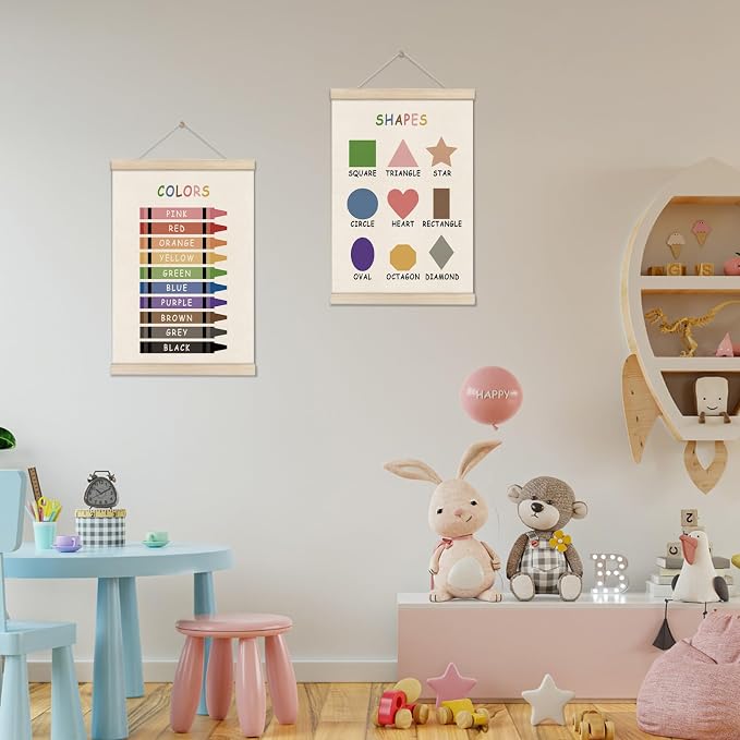 Colors Shapes Posters Hanger Frame, Educational Posters for Toddler Kids, Set of 2 Montessori Nursery Wall Decor, Learning Artwork for Nursery Kids Room, Homeschool, Boho Classroom Decor 16x12 Inch