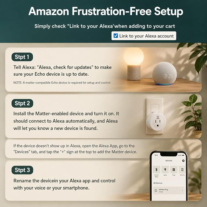 Matter Smart Plug, Works with Alexa,Apple Home, Google Home & SmartThings, Easy Setup, Timer Outlet, 2.4GHz WiFi Only, Matter Hub Required (1 Pack)
