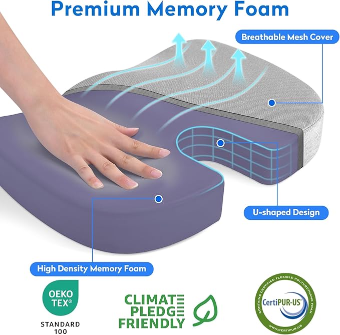 CushZone Seat Cushion, Office Chair Cushions, Car Seat Cushion, Non-Slip Sciatica & Back Coccyx Tailbone Pain Relief Chair Pad, Memory Foam (Large,Light Grey)