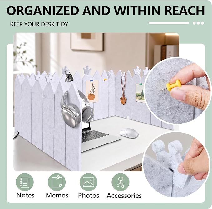 86.5 x 16'' Foldable Felt Desk Divider with 25 Thumbtacks & 8 Clips, Acoustic Desk Partition Privacy Panel, Versatile Cubicle Shield Hanging Note Item, for Office Home (Triangular)