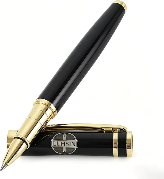 LUHSIN Premium Black Lacquer Rollerball Pen with Gold Trim - 0.5mm Smooth Writing Business Pen, Luxury Executive Gift Set for Men & Women, Office Signature Pen