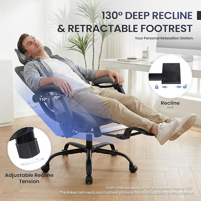 MALOL Ergonomic Mesh Office Chair with Footrest, Executive High Back Computer Desk Chair with 3D Adjustable Headrest & 5-Level Lumbar Support, Reclining Tilt Lock, 3D Arms, 300LBS Capacity, Grey