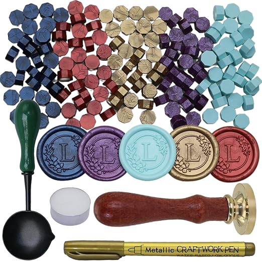 Initial Alphabet Wax Seal Stamp Set, Retro Letter L Sealing Stamp with 150Pcs Sealing Wax Beads in 5 Color, Melt Non Stick Spoon Pen Kit for Wedding and Christmas (L)
