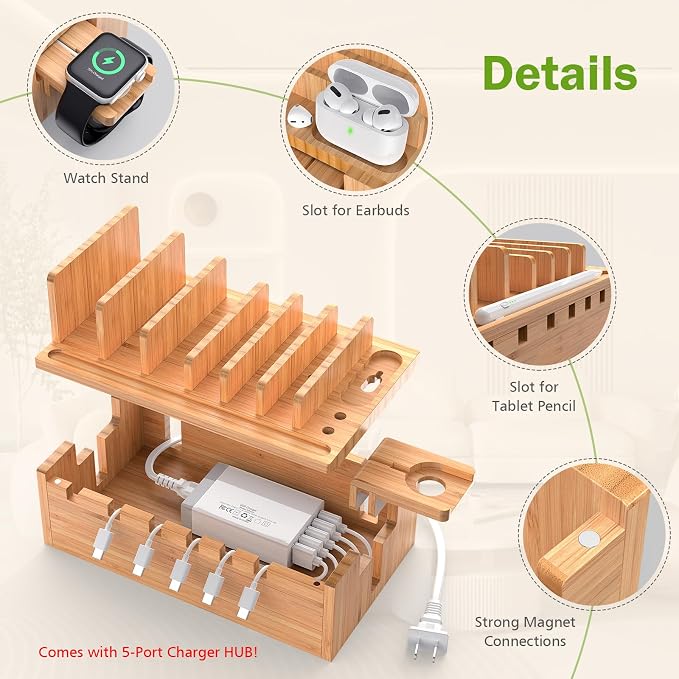 Pezin & Hulin Bamboo Charging Station with 5-Port USB & 5 Cables | All-in-One, 5-Port USB HUB Included, 8-Device Organizer, Natural Bamboo, Hidden Cord Compartment, Magnetic Base, Watch Stand