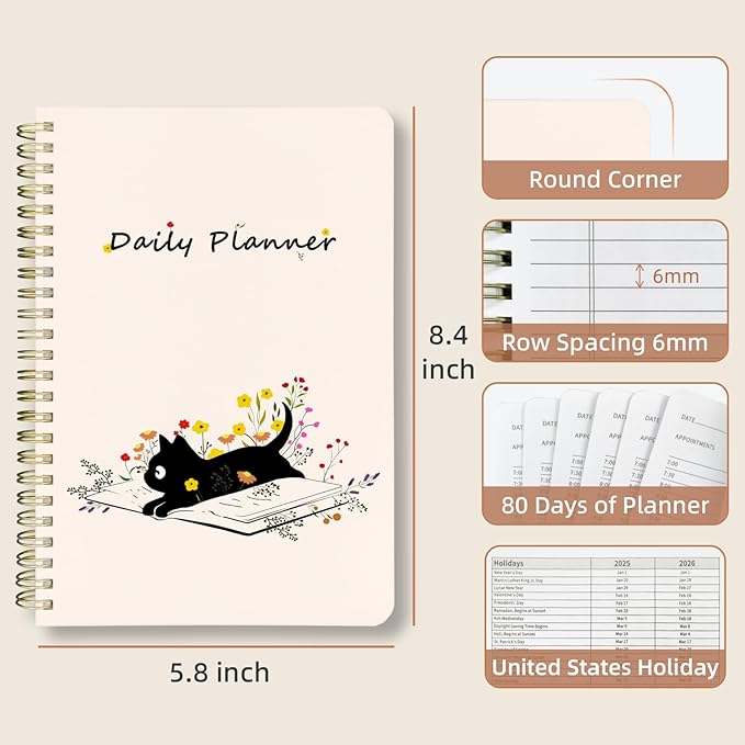 Stanoha Undated Daily Planner - Spiral Notebook 80 Days One Day Per Page, Hourly Schedule, To-Do List, Notes, Everyday Planning Task, A5 Hardcover Journal Organizer Book Women Cute Aesthetic, Cat