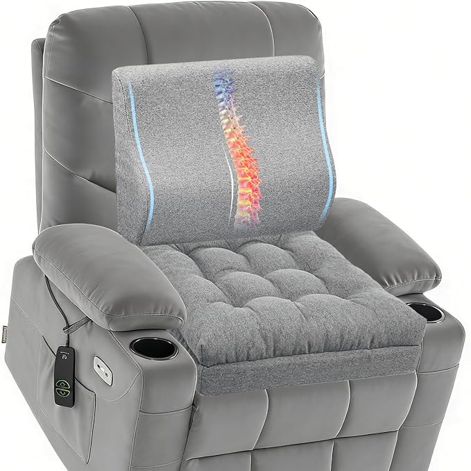 baibu Memory Foam Recliner Cushions with Lumbar Support Pillow for Elderly, 20x20x5 Inch Thick Dual-Layer Patent Design Non-Slip Recliner Seat Cushion for Reduce Hip & Lumbar Pain, Grey