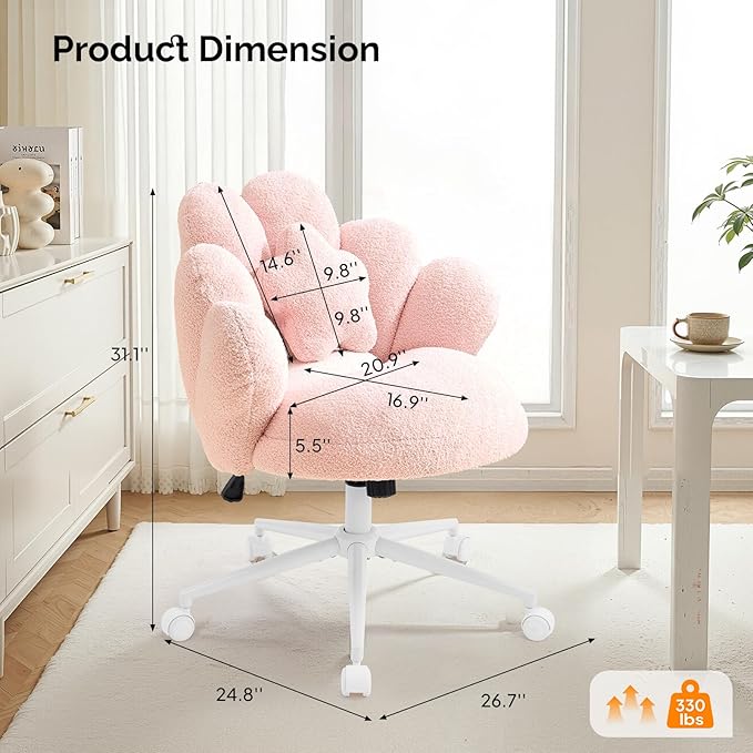 VINGLI Lovely Petal Vanity Desk Chair with Star Pillow, Height Adjustable Armless Swivel Chair in Vibrant Color-Blocking, Modern Computer Task Chair for Bedroom & Home Office, Teddy Fleece,Pink