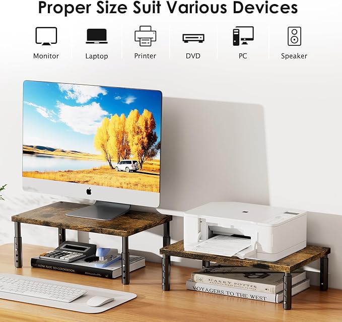 ECOLOVI Adjustable Wood Computer Monitor Stand Riser, Office Desk Organizer and Accessories for Monitor, Laptop, PC, Printer, Office Desk Accessories Workspace Organizer for Home Office Supplies, Brown