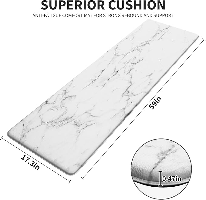 Marble White Kitchen Mats for Floor, Long Cushioned Anti Fatigue | Extra Long Coverage,Cushioned Comfort,Non-Slip Backing,Waterproof Surface,Soft Underfoot,Easy Clean,Kitchen Island