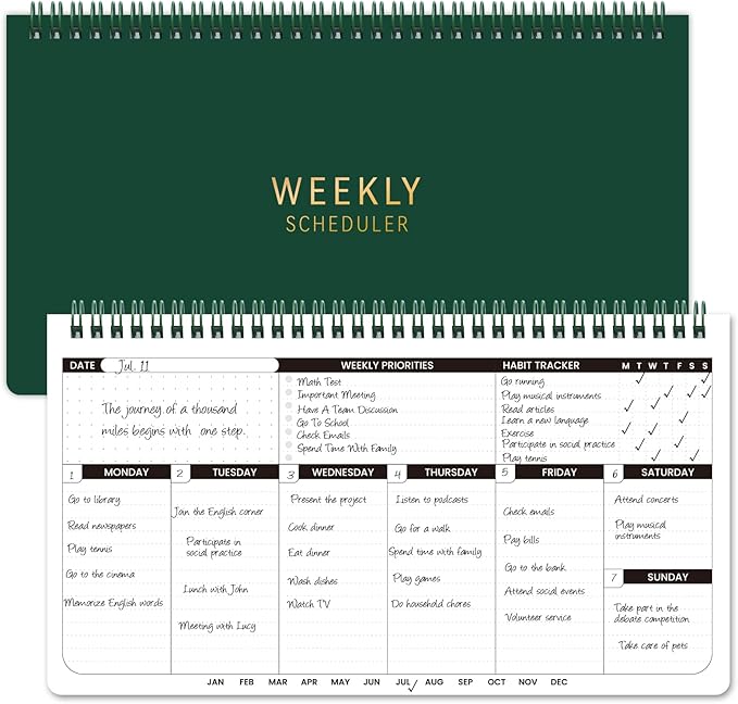 Weekly Planner 2026-2027 - 11.2" x 6.3", Dark Green Spiral Bound, Thick Paper for Smooth Writing, Portable Size for Students, Teachers & Office Workers, 55 Weeks