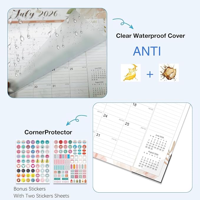 2026-2027 Desk Calendar - 18 Month Desk Calendar 2026-2027, Jul 2026 - Dec 2027, 17" x 12", Large Monthly Desktop Calendar with Daily Blocks, Thick Paper, Corner Protectors - Floral (2 Stickers Included)