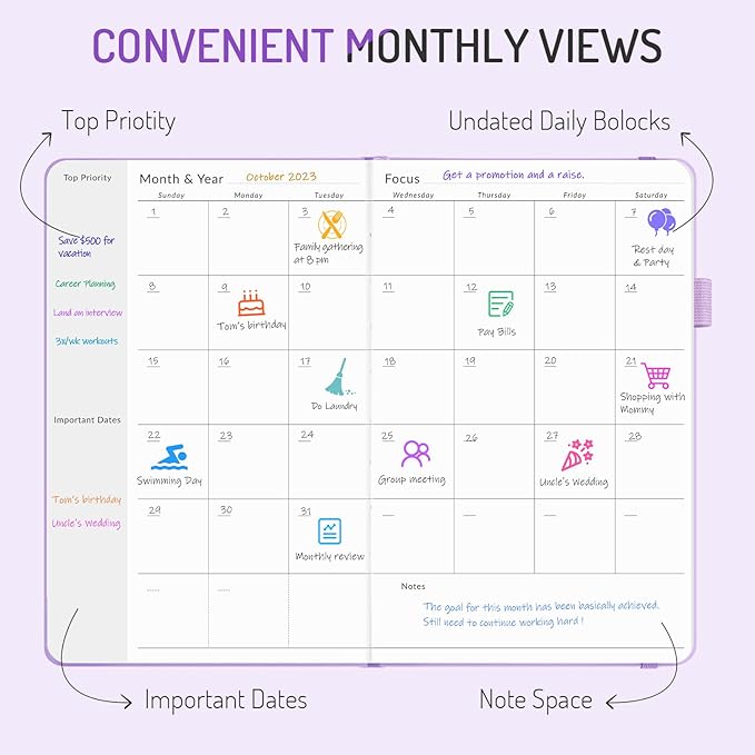 Undated Weekly Planner for 2026, Forvencer Simplified Weekly & Monthly Calendar Planner, Cute Daily Organizer Notebook, Agenda Journal to Track Goals & Tasks, Start Anytime, A5 Size, Navy Floral