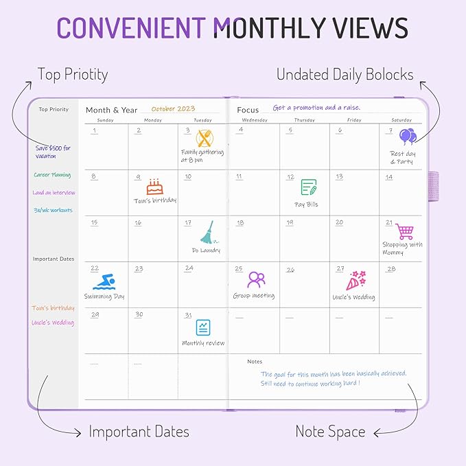 Undated Weekly Planner for 2026, Forvencer Simplified Weekly & Monthly Calendar Planner, Cute Daily Organizer Notebook, Agenda Journal to Track Goals & Tasks, Start Anytime, A5 Size, Lilac