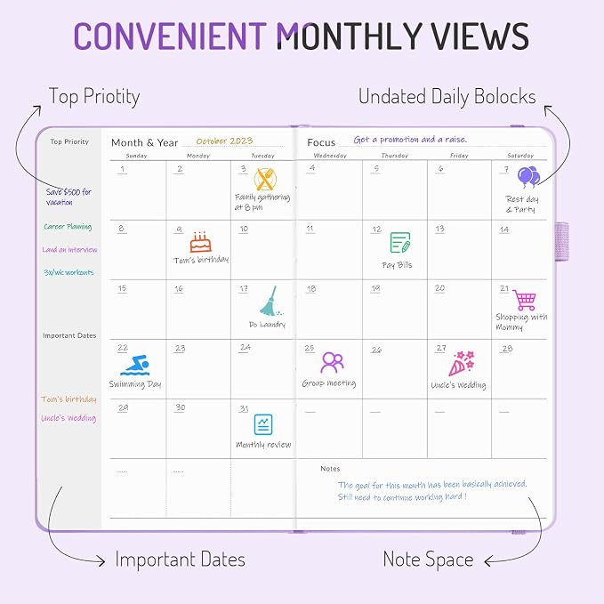 Undated Weekly Planner for 2026, Forvencer Simplified Weekly & Monthly Calendar Planner, Cute Daily Organizer Notebook, Agenda Journal to Track Goals & Tasks, Start Anytime, A5 Size, Navy Floral
