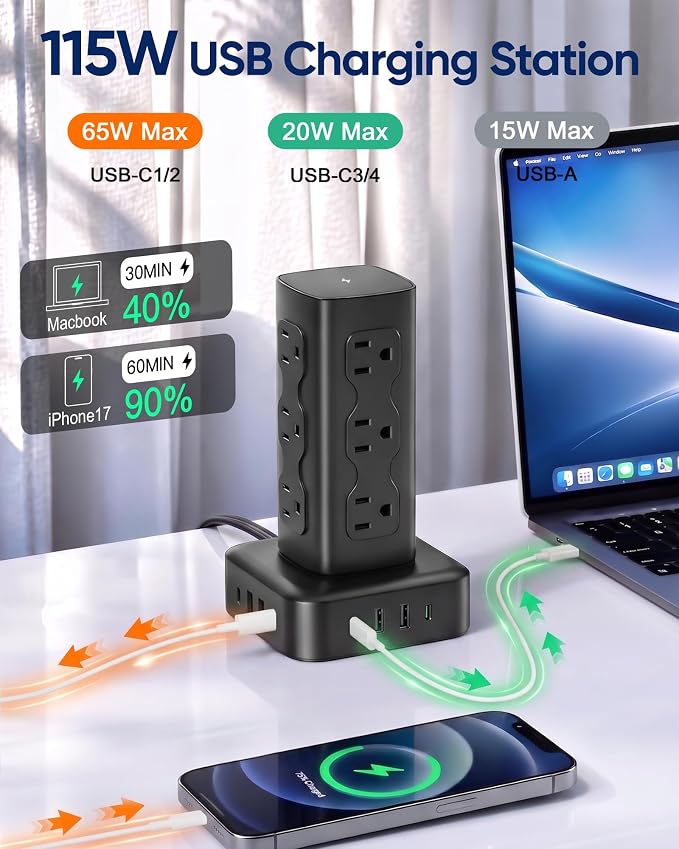 Power Strip Tower Surge Protector(2000J), PD65W Charging Station Tower with 12 AC Outlets & 8 USB Ports (4 USB C), 6FT Extension Cord for Home Office Dorm, Black