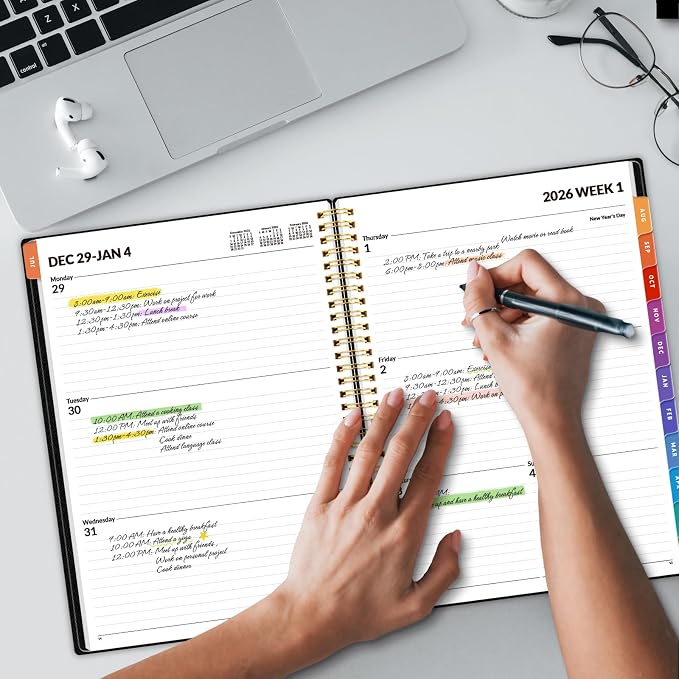 SUNEE 2026 Weekly and Monthly Planner - from January 2026 - December 2026, Daily Agenda Planner with Monthly Tab, Flexible Cover, Note Pages, Pockets, Bookmark, Spiral Binding, Black, 8.5"x11"