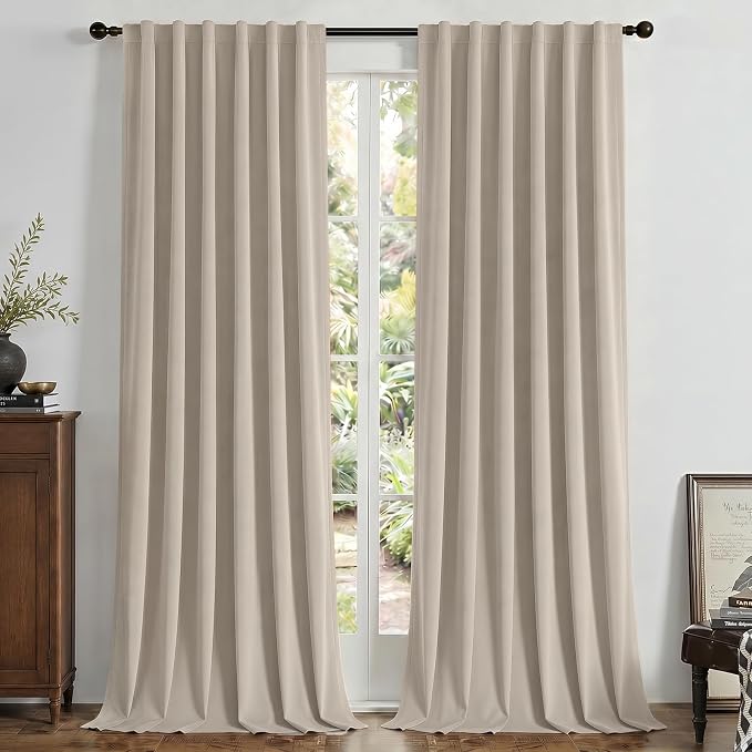 Joydeco Light Beige 100% Blackout Curtains 72 Inch 2 Panels, Luxury Thermal Light Beige Velvet Curtains for Bedroom Living Room, Soundproof Blackout Window Drapes, Rod Pocket & Back Tab (52W x 72L)