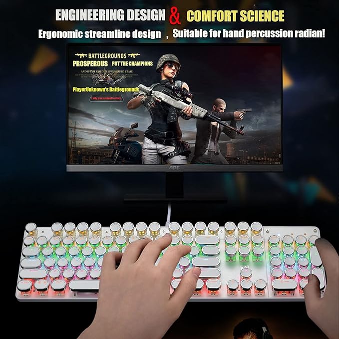 Typewriter Style Mechanical Gaming Keyboard LED Backlit Wired with Blue Switch Retro Round Keycap 104 Keys Keyboard (White 104 Keys LED)