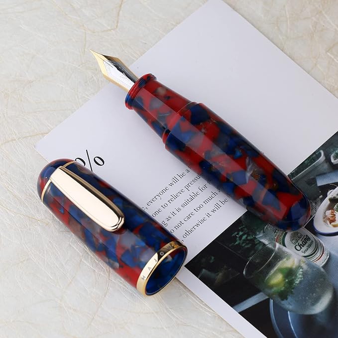 Lanxivi Majohn Q1 Fountain Pen Fine Point Blue Red Acrylic, Eyedropper Filling Pocket Pen Large Capacity