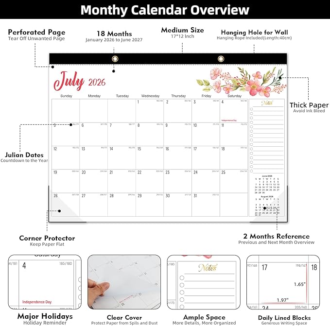 Tcamp 2026 Calendar - 18 Months Desk Calendar 2026-2027 from January 2026 to June 2027, Large 17" x 12" Wall Calendar with Julian Dates, Desk Planner for Home School Office Desktop, Christmas Gifts