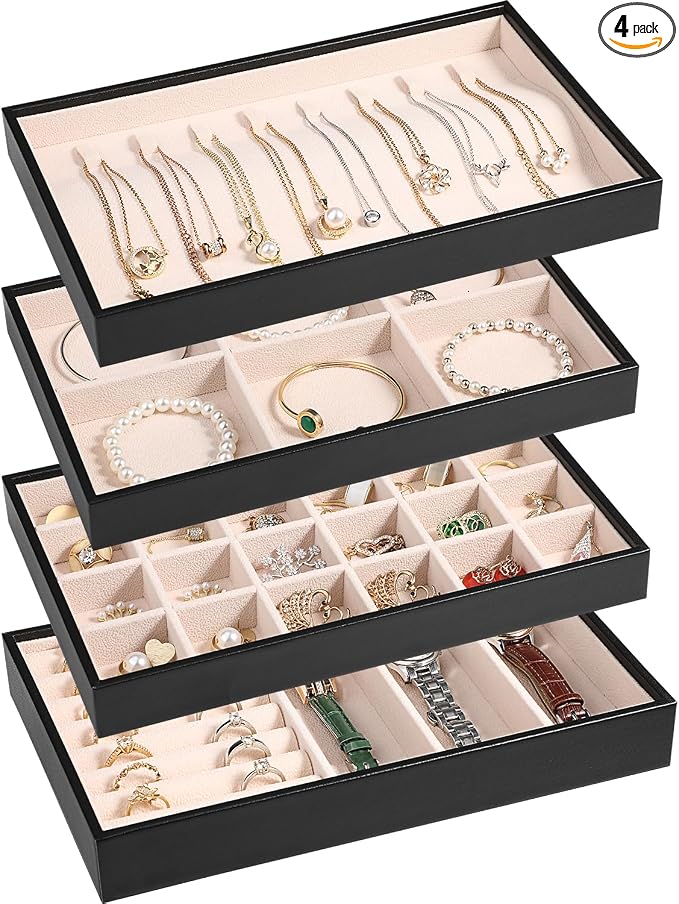LANDICI Stackable Jewelry Organizer Trays 4 Set,PU Leather Jewelry Organizer Drawer,Jewelry Storage Display Tray for Earring Necklace Rings Bracelet with Removable Dividers,Black