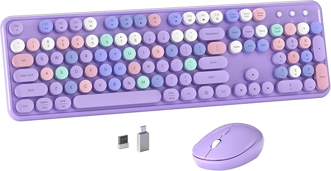MPTOG Colorful Wireless Computer Keyboard and Mouse Combo with Round Typewriter Keycaps, Retro Design, Power Switch, Ergonomic Design, 2.4GHz Wireless for Windows, Mac, PC(Purple-Colorful)