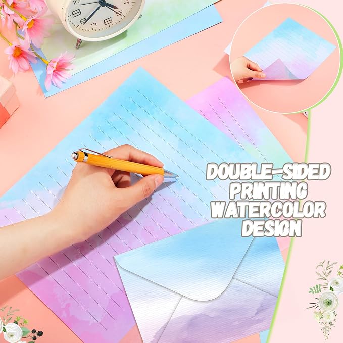TaoBary 160 Pcs Stationery Paper Set 50 Double Sided Stationery Papers with 50 Matching Envelopes and 60 Round Dot Sticker, 10 Design(Watercolor,8.5 x 11 Inch)