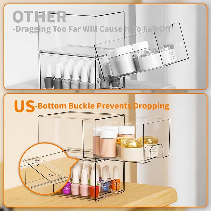 6 Pack Small Stackable Storage Drawers,4.4 Inch Tall Stacking Acrylic Clear Storage Bins for Bathroom Vanity,Undersink,Pull Out Drawer Organizers for Beauty,Makeup,Medicine Cabinet Organizers