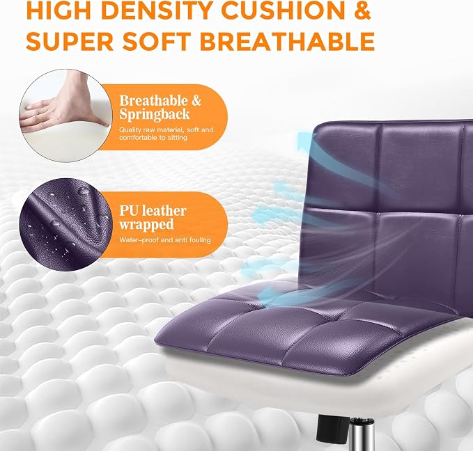 360° Office Desk Chair,PU Adjustable Rolling Task Chair with Backrest for Barber,Office,Home, Computer,360° Swivel,Armless (Widened Purple)