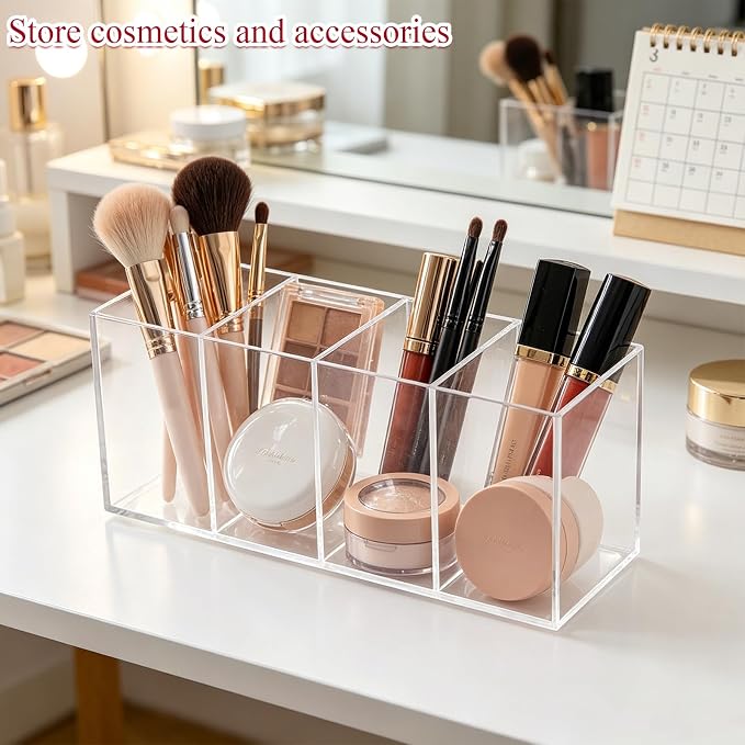 4 Compartment Acrylic Pen Holder, Large Capacity Clear Makeup Brush Organizer for Desk, Multi-Section Pencil Caddy for Office Supplies, Cosmetics, and Art Markers, Heavy-Duty Storage Container