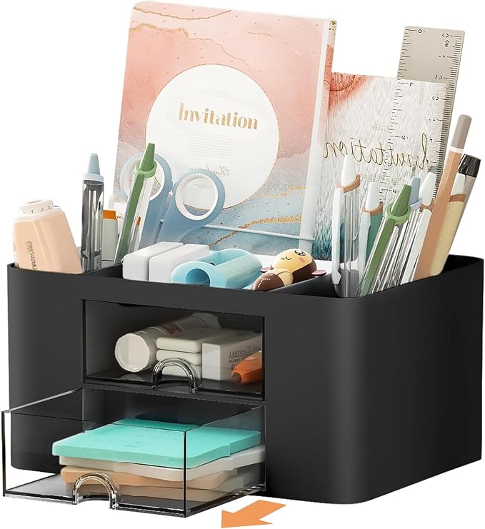 Stationary Organiser 7-Grid Desk Organizer with Drawer – Multifunctional Plastic Table Organizer & Pen Holder for School, Office, and Home (Black)