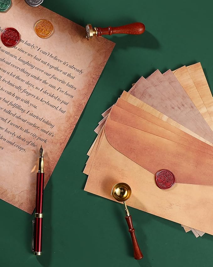 42Pcs Vintage Paper and Envelopes Set, 15 Stationary Letter and Envelopes, 8 Wax Seal Sticks, Wax Spoon, Life Tree Stamp and 2 Tea Candles for Xmas Wedding Party Invitation Love Letter