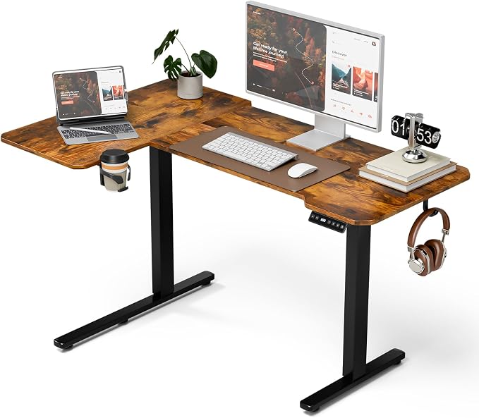 Acrolix L Shaped Electric Standing Desk - 51x31.5 Inch Reversible Corner Sit Stand Desk with Hook&Cup Holder,Electric Height Adjustable Table,for Small Home Office&Bedroom Computer Desk, Rustic Brown
