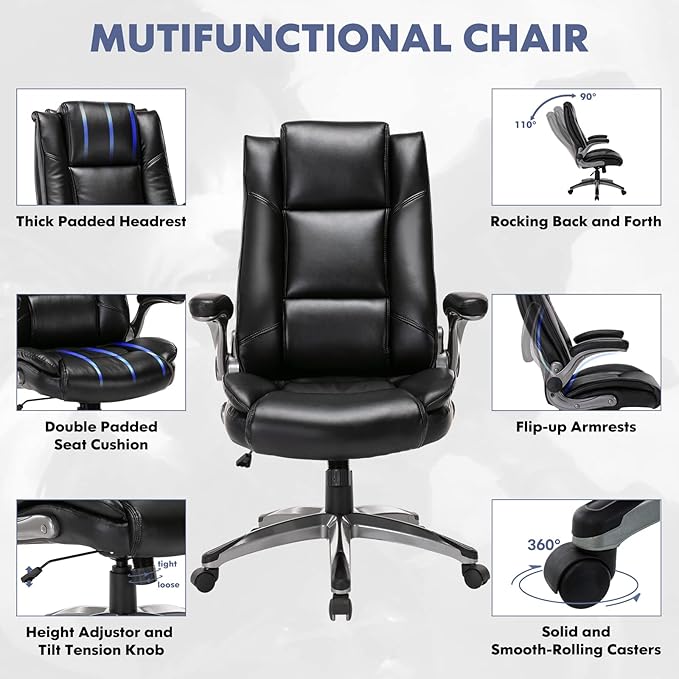 MALOL Leather Executive Office Chair - High Back Home Computer Desk Chair with Padded Flip-up Arms, Adjustable Tilt Lock, Swivel Rolling Ergonomic Chair for Adult Working Study, Black