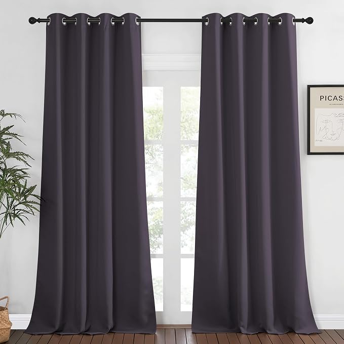 NICETOWN Blackout 108 inch Curtains for Sliding Glass Door, Grommet Thermal Insulated Room Darkening Window Sound Reducing Drapes for Room Divider, 1 Panel, W52 x L108, Greyish Purple