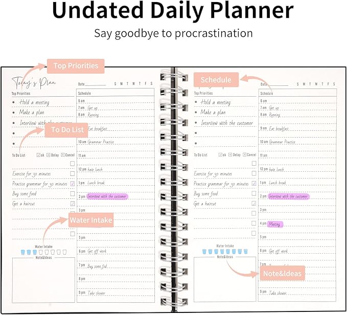 Vebermo 2026 Daily Planner Notebook, Spiral Journals with Pen Set, A5 Hardcover Academic Hourly Schedules Appointment Planner for Office Home School, DeepBlue
