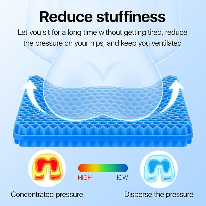 Gel Seat Cushion, Cooling seat Cushion (Super Large & Thick), Breathable Honeycomb Design Absorbs Pressure Points Seat Cushion, Gel Cushion for Office Chair, Home Car seat Cushion for Wheelchair