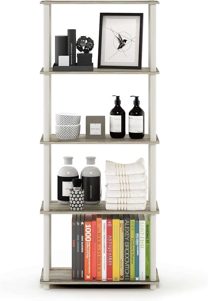 Furinno TURN-N-TUBE Storage Shelves, 5-Tier Book Shelf, Corner Shelf, Toolless Open Shelves, for Organization and Storage, Living Room, Garage, Home Office, Sonoma Oak