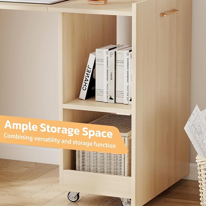 Zevemomo Folding Desk with Storage, Convertible Table with Shelves & Wheels, Craft Cabinet with Fold Out Table, Compact Computer Desk for Small Space, Reversible L Shaped Desk - Beige