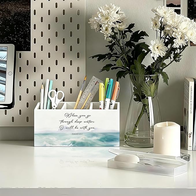 Christian Pen Holder, Christian Gifts for Women Pencil Holder for Desk, Beach Office Decor, Religious Bible Verse Coastal Ocean Wooden Box Sign Decorations for Home Office Desk Tabletop