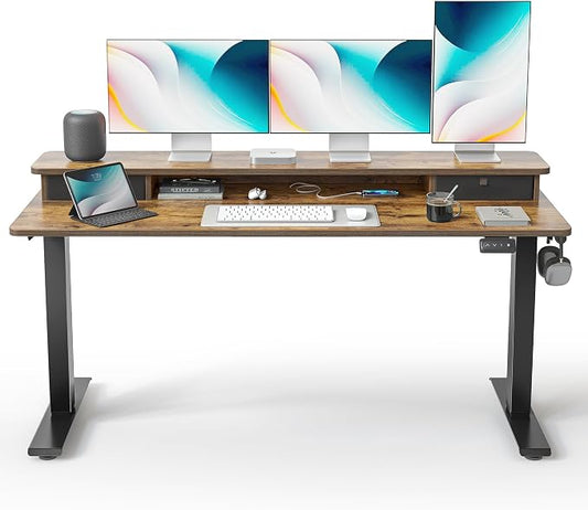 FEZIBO 60 x 24 Inch Height Adjustable Electric Standing Desk with Double Drawer, Stand up Home Office Computer Desk with 4 Height-Adjustable Feets & 2 Hooks, Rustic Brown