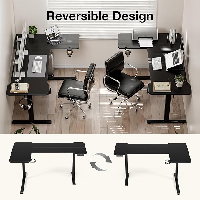 Acrolix L Shaped Electric Standing Desk - 59x40 Inch Reversible Corner Sit Stand Desk with Hook&Cup Holder,Electric Height Adjustable Table,for Home Office Gaming Computer Desk, Black