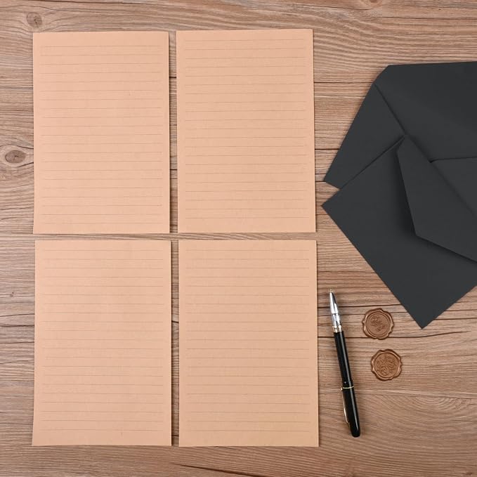 48 Pieces Stationery Set with Envelopes (24 Kraft Paper Sheets + 12 Linen Texture Envelopes+12 Wax Seal Stickers), Stationery Letter Writing Paper Set for Love Letters and Party Invitations (Black)