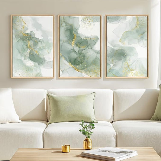 Framed Sage Green Abstract Wall Art, 3 Piece Modern Canvas Prints Paintings Artwork for Walls, Minimalist Green and Gold Abstract Art Pictures for Bedroom Living Room Dining Room Wall Decor 16x24 In