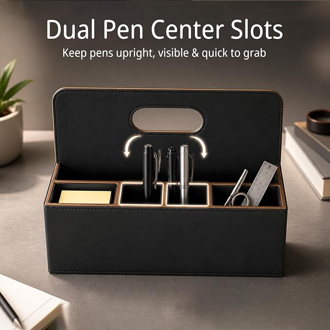 Mail Organizer Countertop, Pencil Holder, Office Supplies File Bill Sorter | PU Leather Modern 5-Slot Workspace Storage box,Remote Caddy for Stationery,Glasses,Letter,Pen,Desk Accessories, Home Decor