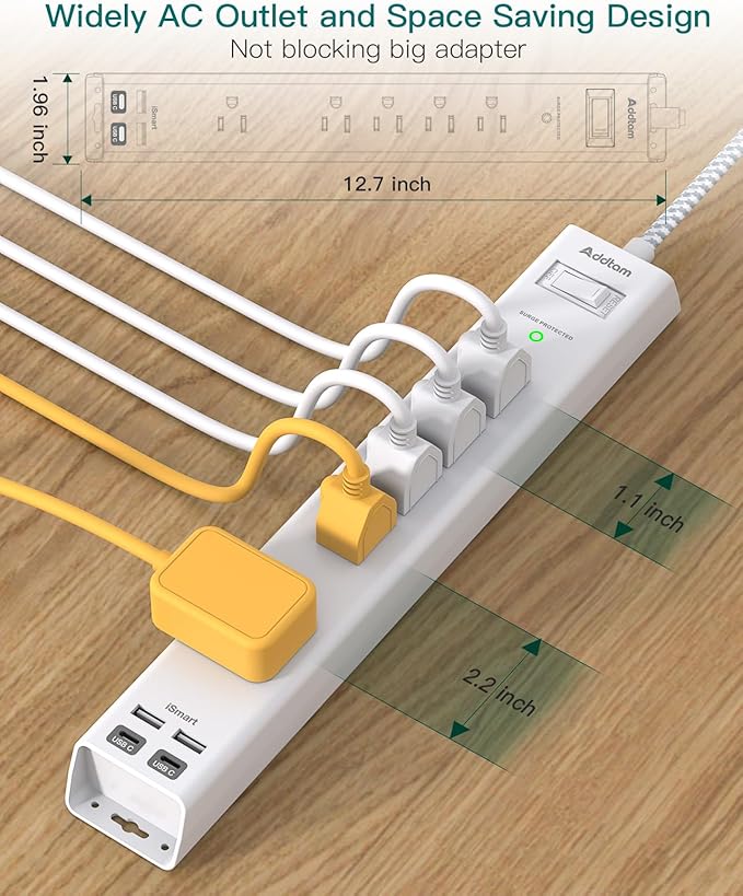 Addtam 2 Pack Surge Protector Power Strip -15ft Long Extension Cord, 5 Widely Spaced Outlets 4 USB(2 USB-C) Charging Ports, 1875W/15A, Flat Plug, Wall Mount for Home Office Dorm Room Essentials